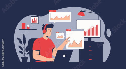 Man Analyzing Financial Data Charts At Home Office For Investment Strategy