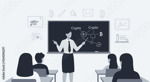 Instructor Explains Crypto Strategy To Students In Classroom Illustration