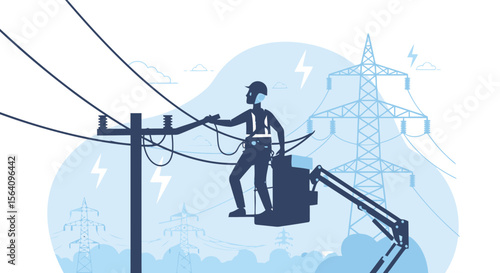 Lineman Repairs High Voltage Power Lines With Insulated Crane Truck