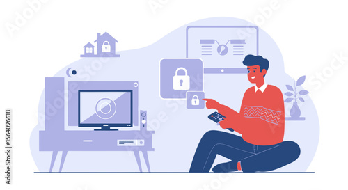 Man Controlling Smart Home Security System With Remote And Watching Tv