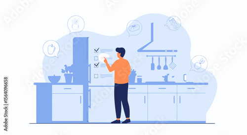 Man Checking Groceries On Checklist At Home In The Kitchen Illustration