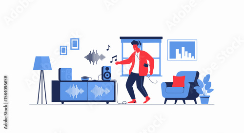 Man Dancing And Enjoying Music At Home In Modern Style With Headphones On
