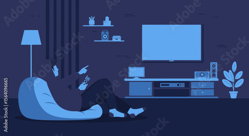 Man Relaxing On Beanbag Chair And Watching Tv In Living Room