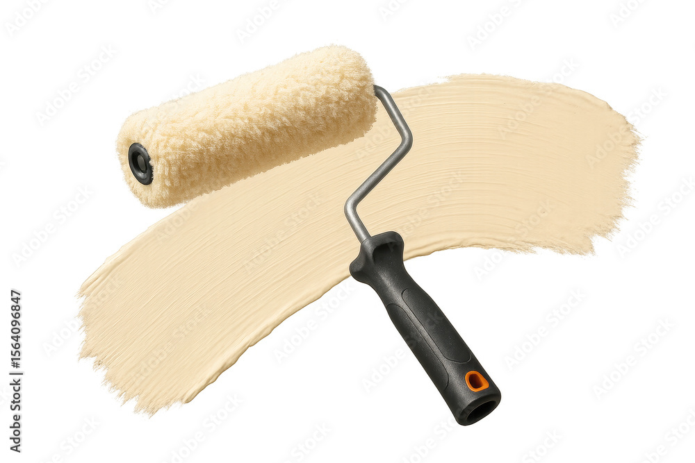 Obraz premium Paint roller with creamy white paint stroke isolated on transparent background