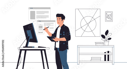 Modern Digital Artist Creating Website Design On Computer And Tablet Device