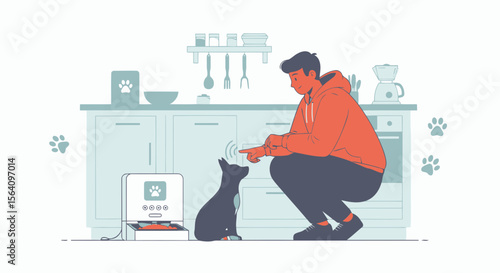 Man Interacting With Dog Via Smart Pet Feeder At Home Kitchen Scene