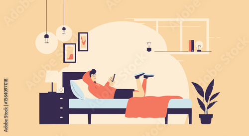 Man Relaxing In Bed Using Mobile Phone During Leisure Time Indoors