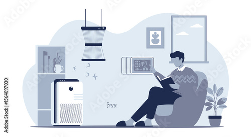 Man Relaxing At Home With Air Purifier And Home Automation System Illustration