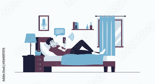 Man Resting In Bed Using Smartphone For Communication And Connection