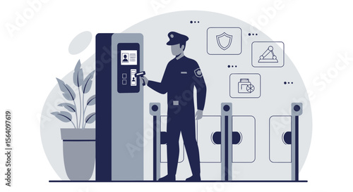Modern Automated Access Control System With Security Officer Illustration