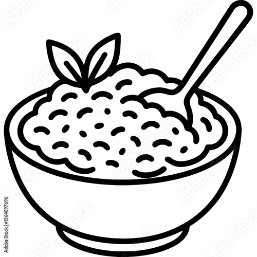 Risotto bowl with ladle and herbs outline icon vector