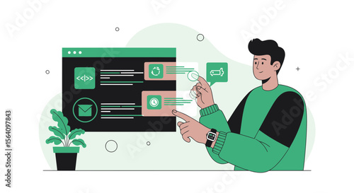 Modern Digital Interface Interaction Man Touching Screen And Working With Data Flow