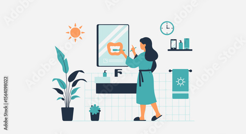 Morning Routine Illustration Of A Woman Brushing Her Teeth In The Bathroom