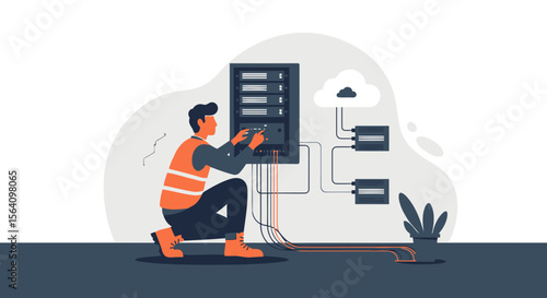 Network Engineer Configuring Server Rack Data Storage And Cloud Connectivity