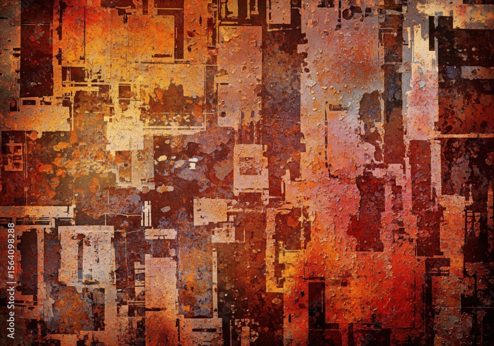 Corroded Abstract Grid Surface. This artwork features vivid rust hues and a distressed material resembling an aged circuit or industrial panel. It conveys decay and resilience. Corroded Abstract Grid Surface. This artwork features vivid rust hues and a distressed material resembling an aged circuit or industrial panel. It conveys decay and resilience.