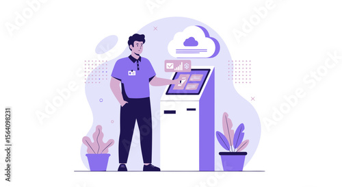 Modern Self Service Kiosk Illustration for Streamlined Customer Experience with Cloud Integration