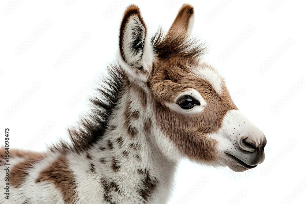 Naklejka premium Spotted brown and white baby donkey foal portrait on white background, close-up view of head and neck showing detailed fur texture and markings.
