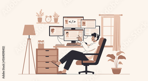 Relaxed Programmer Working From Home With Multiple Screens In a Comfortable Setting