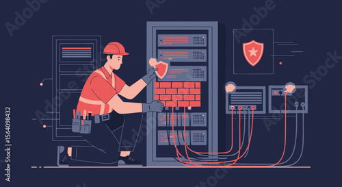 Network Technician Constructing Server Security With Firewalls For Data Centers