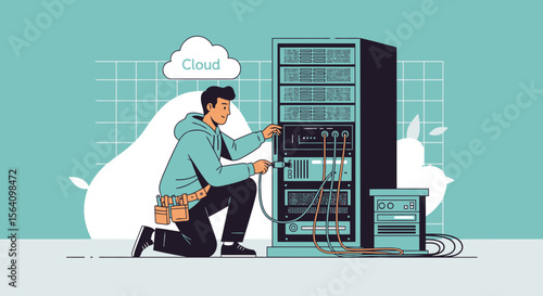 Network Engineer Maintaining Cloud Servers In Data Center Illustration