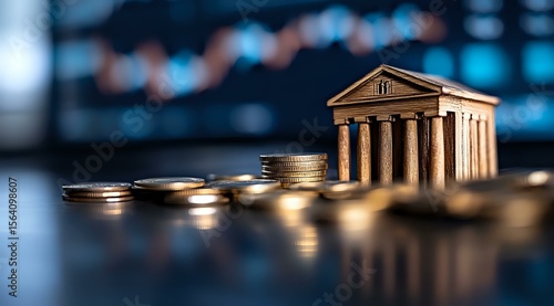 Classical bank building miniature with stacked coins on dark background, representing financial growth and investment concept for banking and economy sectors.