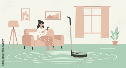 Relaxing At Home With Smart Home Automation Cleaning Device Illustration