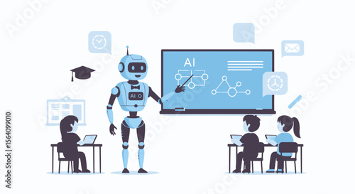 Robot Teacher Explaining Artificial Intelligence To Students In A Classroom Setting
