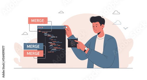 Programmer Working With Code Merge on Computer for Software Development