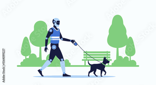 Robot Companion Walking Dog In Park Of Future Technology