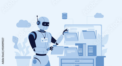 Robot Assistant Handling Digital Files And Data Storage In Modern Office Environment