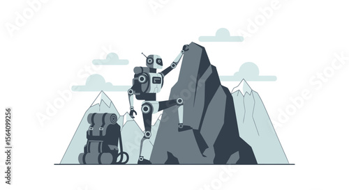 Robotic Explorer Conquering Mountain Peak In A Stylized Landscape Illustration