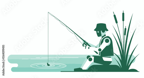Robotic Angler Enjoying Peaceful Time Fishing In Nature With Fishing Rod