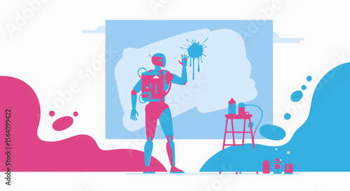 Robotic Artist Creating Abstract Painting With Vibrant Sprays In Creative Environment