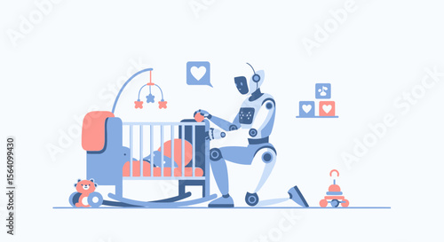 Robotic Nanny Caring For Newborn In Crib Concept Of The Future Modern Technologies