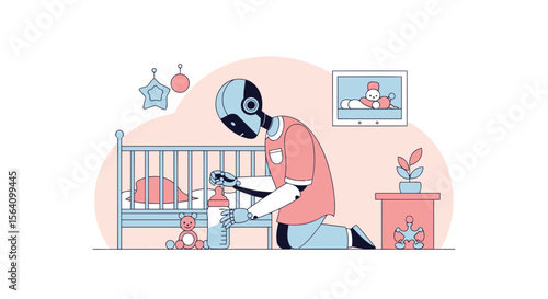 Robotic Nanny Preparing Formula In The Nursery For Infant Newborn Baby