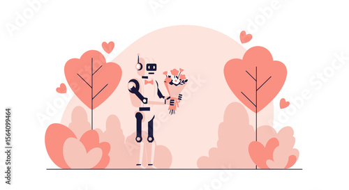 Robotic Romance A Robot Bearing Flowers In Heart Shaped Trees Illustration