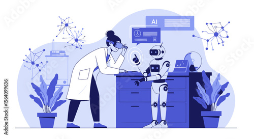 Scientist And Robot Working Together In A Futuristic Laboratory Environment