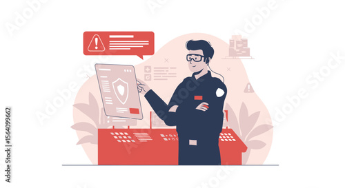 Security System Operator Monitoring Digital Threats On High Tech Control Panel