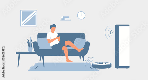 Smart Home Automation Young Man Relaxing While Robotic Vacuum Cleans House