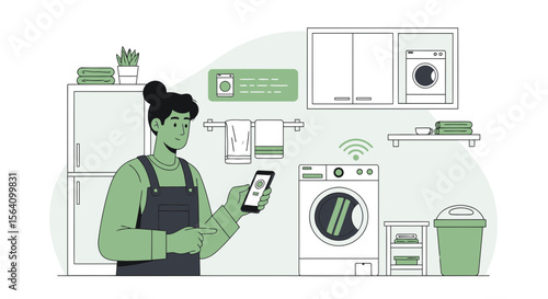 Smart Laundry Management Connecting Via A Mobile Device At Home Scene