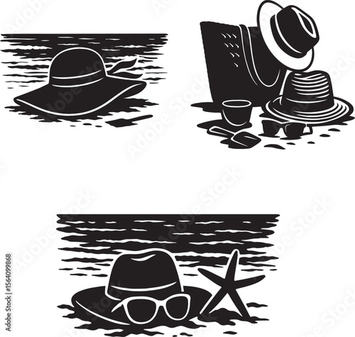 Beach Hat and Sea Horizon Black-and-White Silhouette