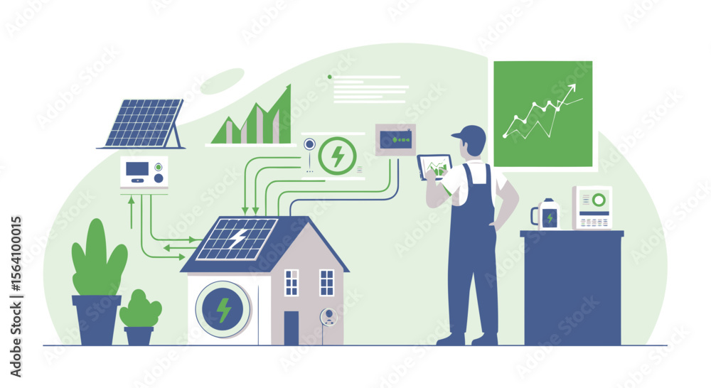 Solar Panel Technician Inspecting Home Power With Eco Friendly Energy Efficiency Solar Panel Technician Inspecting Home Power With Eco Friendly Energy Efficiency