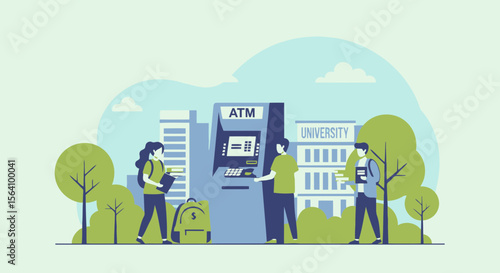 Students Using Atm Machine At University Campus In Illustration Vector Design