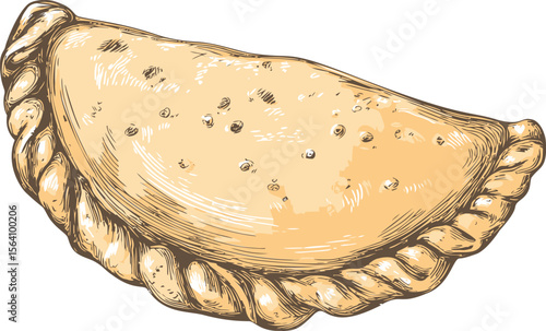 Illustration of a traditional baked empanada with braided edges. Vector illustration in sketch style
