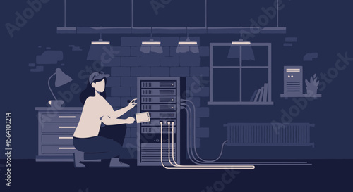 Technician Configuring A Data Server In A Dark Room With Brick Wall Behind Them