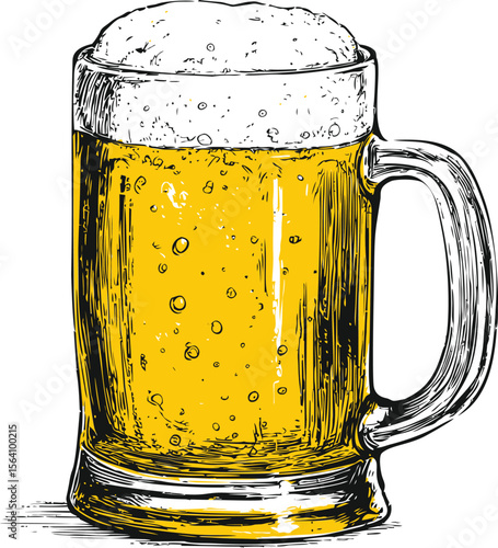 Illustration of a draft beer mug with frothy head and bubbles sketch style. Vector illustration