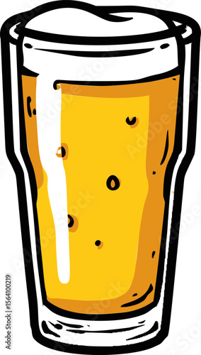 Illustration of a frothy beer glass with golden ale and black details. Vector illustration in sketch style