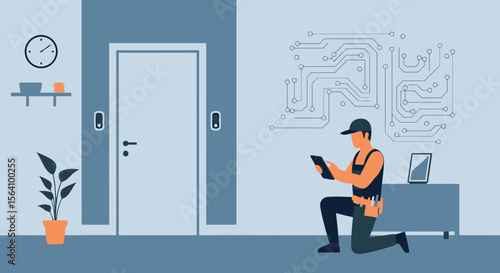 Technician Inspecting Smart Home System Using A Tablet Technology Illustration