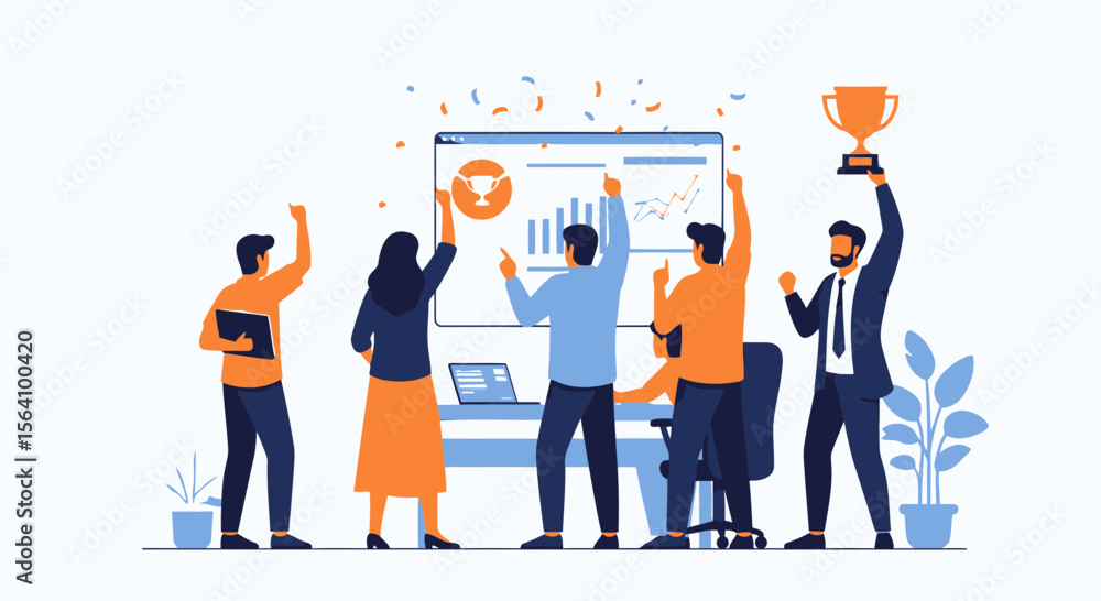 Fototapeta premium Team Celebration Of Business Success With Trophy And Positive Growth Charts