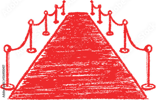 Red carpet with stanchions and ropes sketched in textured red crayon. Vector illustration